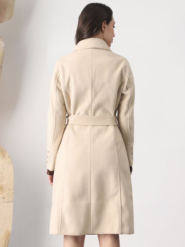 Globus Women Beige Shawl Collar Long Sleeves Solid 2 Pockets Winterwear Trench Coat With Belt