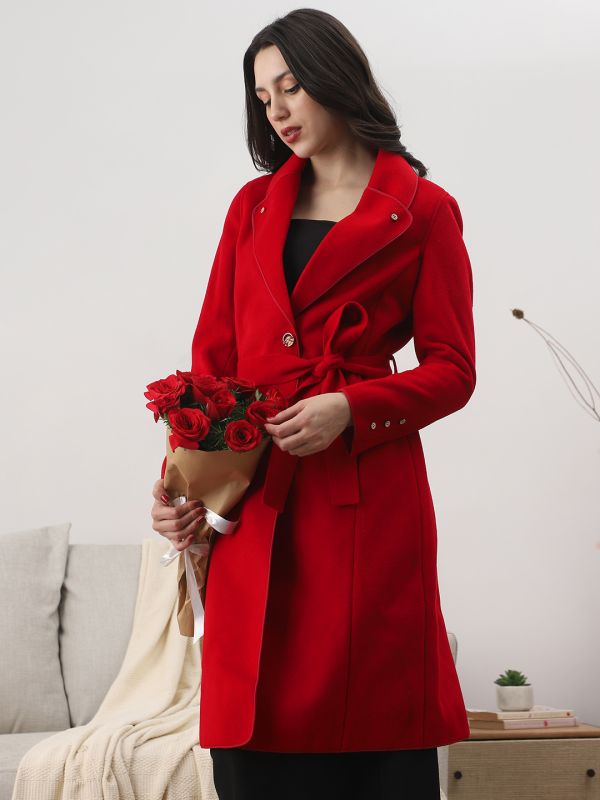 Globus Women Red Shawl Collar Long Sleeves Solid 2 Pockets Winterwear Trench Coat With Belt