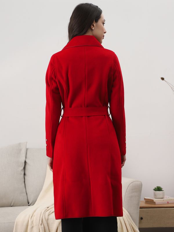 Globus Women Red Shawl Collar Long Sleeves Solid 2 Pockets Winterwear Trench Coat With Belt