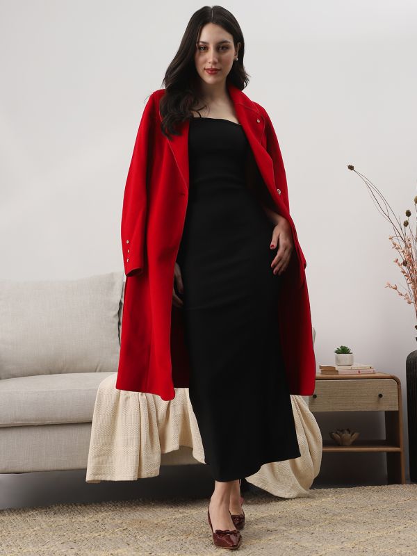Globus Women Red Shawl Collar Long Sleeves Solid 2 Pockets Winterwear Trench Coat With Belt
