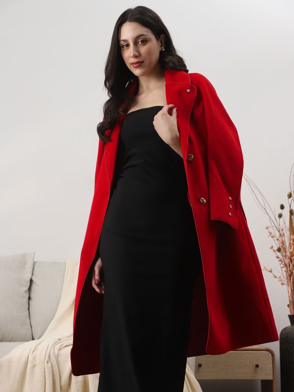 Globus Women Red Shawl Collar Long Sleeves Solid 2 Pockets Winterwear Trench Coat With Belt