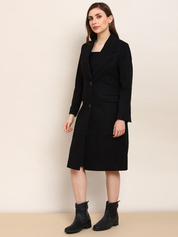 Globus Women Black Solid Notched Lapel Long Sleeve Knee Length Winterwear Overcoat