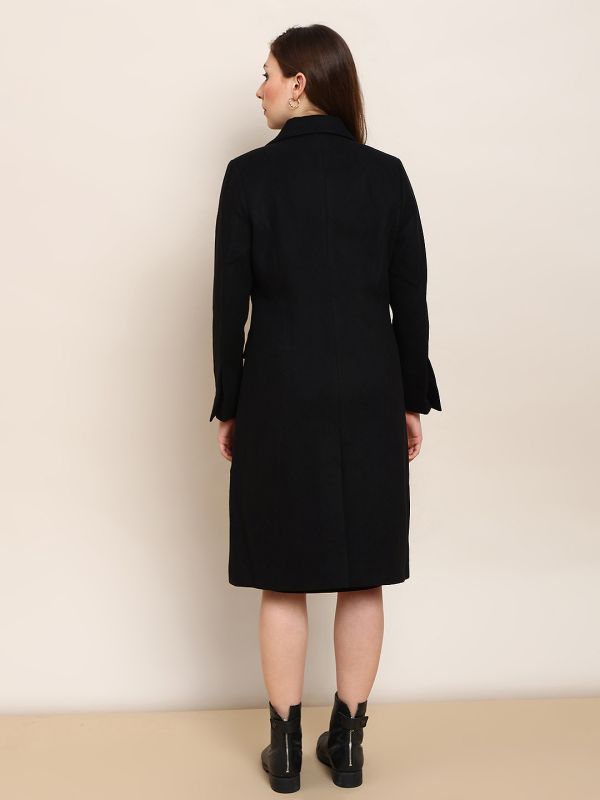Globus Women Black Solid Notched Lapel Long Sleeve Knee Length Winterwear Overcoat