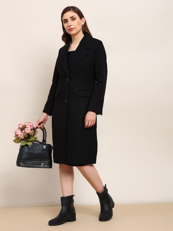 Globus Women Black Solid Notched Lapel Long Sleeve Knee Length Winterwear Overcoat