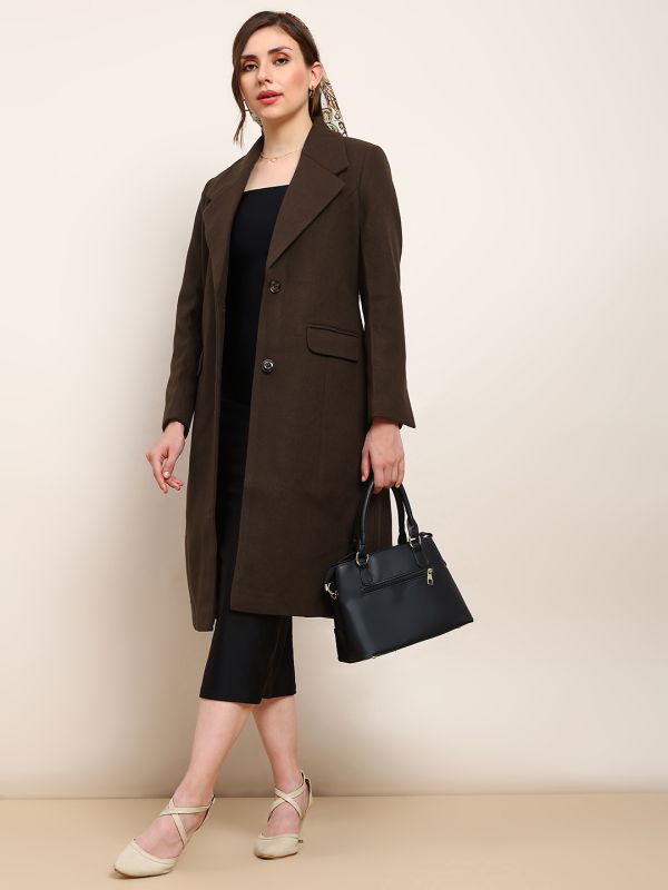 Globus Women Brown Solid Notched Lapel Long Sleeve Knee Length Winterwear Overcoat