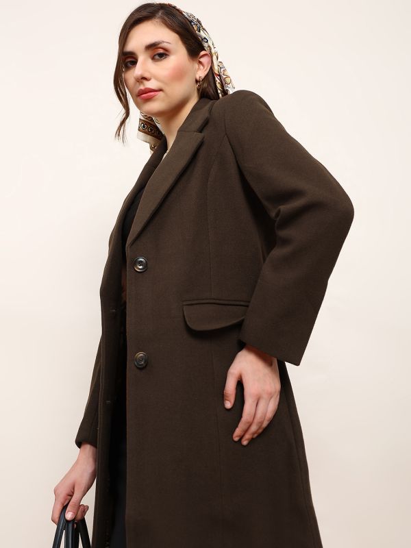 Globus Women Brown Solid Notched Lapel Long Sleeve Knee Length Winterwear Overcoat