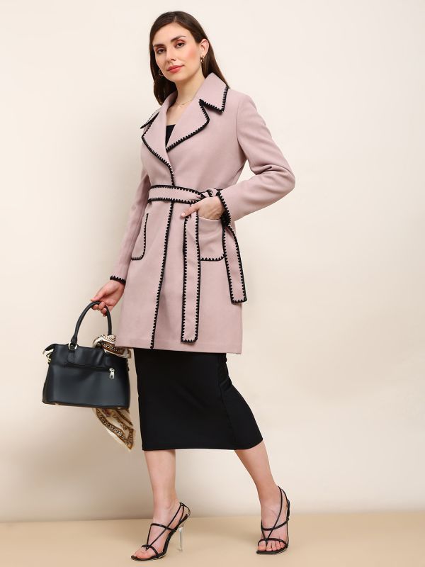 Globus Women Pink Solid Notched Lapel Embroidered Detail Long Sleeves Knee Length Belted Winterwear Overcoat