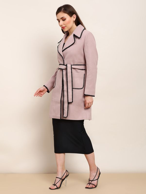 Globus Women Pink Solid Notched Lapel Embroidered Detail Long Sleeves Knee Length Belted Winterwear Overcoat