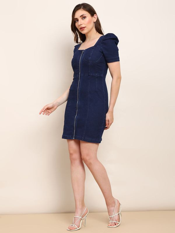 Globus Women Navy Blue Square Neck Puff Sleeves Zip Detail Mini Bodycon Denim Dress