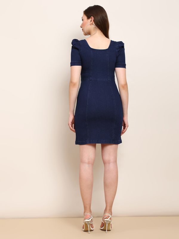 Globus Women Navy Blue Square Neck Puff Sleeves Zip Detail Mini Bodycon Denim Dress