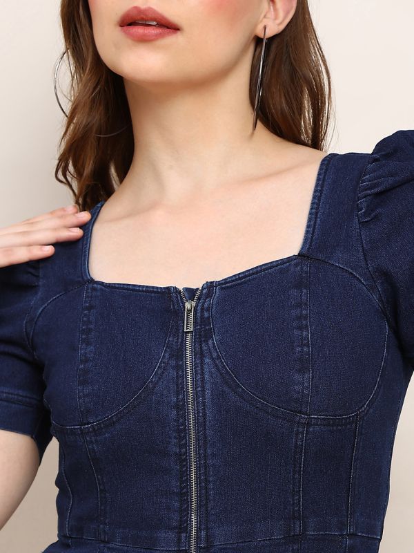 Globus Women Navy Blue Square Neck Puff Sleeves Zip Detail Mini Bodycon Denim Dress