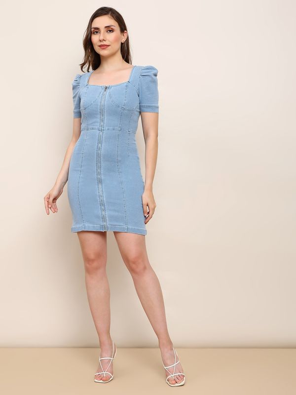 Globus Women Blue Square Neck Puff Sleeves Zip Detail Mini Bodycon Denim Dress