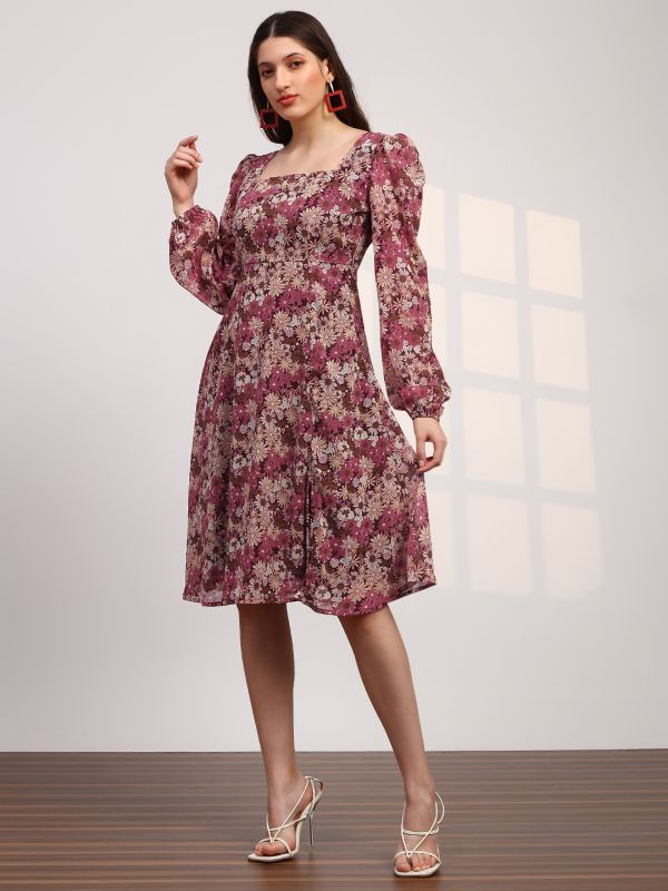 Globus Women Multicolour Georgette Floral Printed Square Neck Bishop Sleeves Stylized Back Fit & Flare Midi Dress