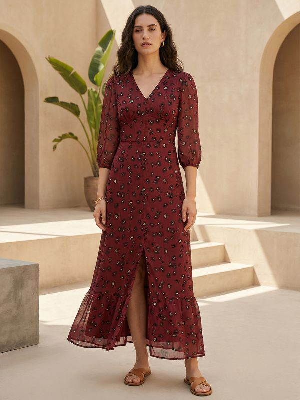 Globus Women Maroon Floral Printed V-Neck Puff Sleeves Front Slit Flared Hem A-Line Georgette Midi Dress