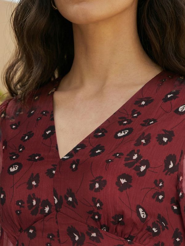 Globus Women Maroon Floral Printed V-Neck Puff Sleeves Front Slit Flared Hem A-Line Georgette Midi Dress