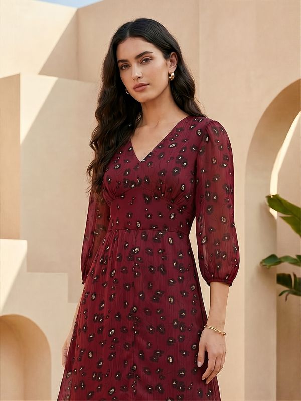 Globus Women Maroon Floral Printed V-Neck Puff Sleeves Front Slit Flared Hem A-Line Georgette Midi Dress