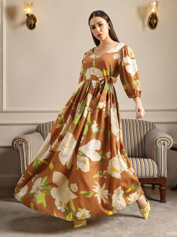 Globus Women Rust Floral Print V-Neck Puff Sleeves Belted Fit & Flare Maxi Dress
