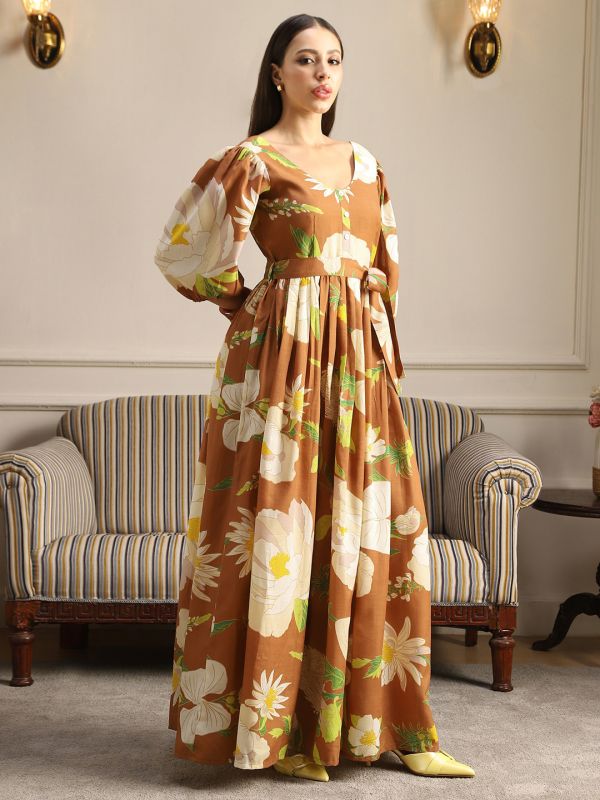 Globus Women Rust Floral Print V-Neck Puff Sleeves Belted Fit & Flare Maxi Dress