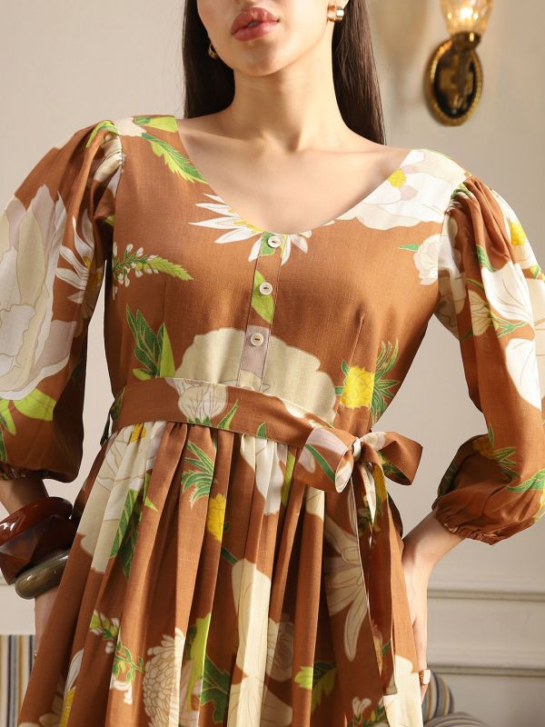 Globus Women Rust Floral Print V-Neck Puff Sleeves Belted Fit & Flare Maxi Dress