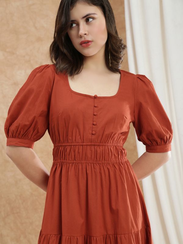 Globus Women Rust Square Neck Puff Sleeves Solid Gathered Tiered Fit & Flare Maxi Dress