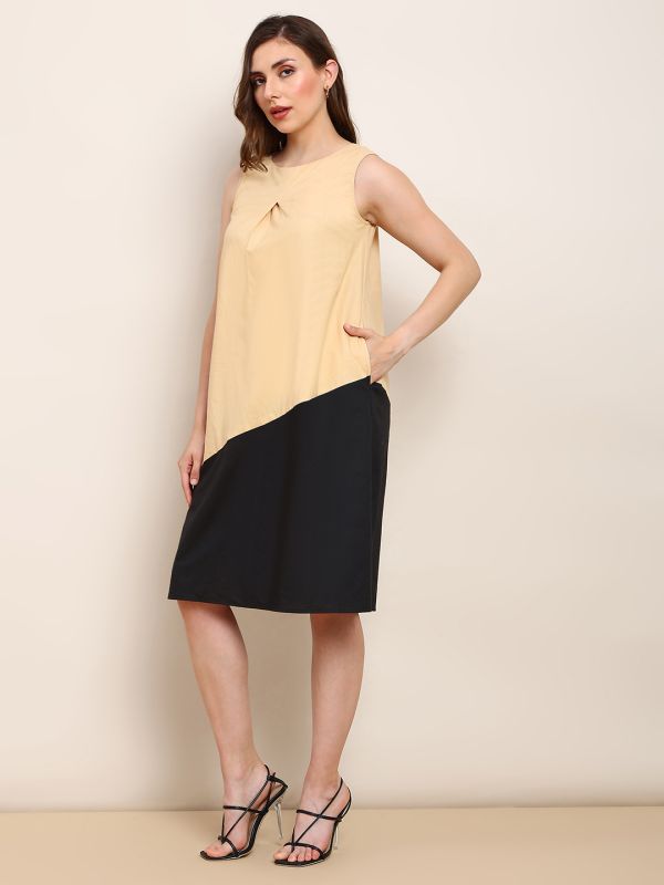 Globus Women Brown Round Neck Colorblock Pleated A-Line Dress