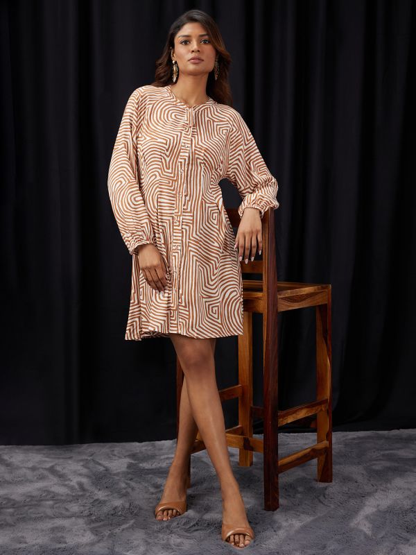 Globus Women Brown Mandarin Collar Raglan Sleeves Abstract Print Pleated Detail Mini A-Line Shirt Dress
