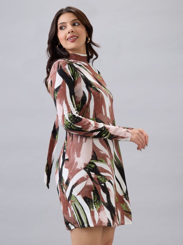Globus Women Brown High Neck Back Tie-Up Long Sleeves Abstract Brushstroke Print Mini A-Line Dress