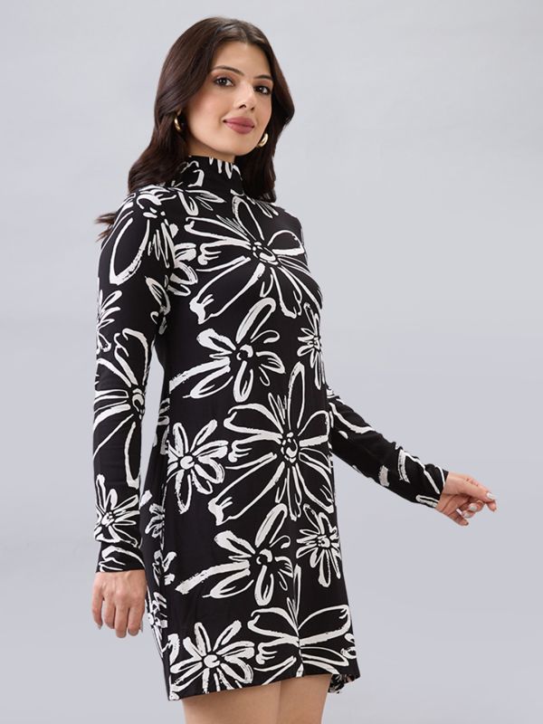 Globus Women Black High Neck Back Tie-Up Long Sleeves Floral Print Mini A-Line Dress