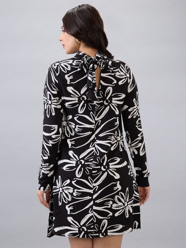 Globus Women Black High Neck Back Tie-Up Long Sleeves Floral Print Mini A-Line Dress