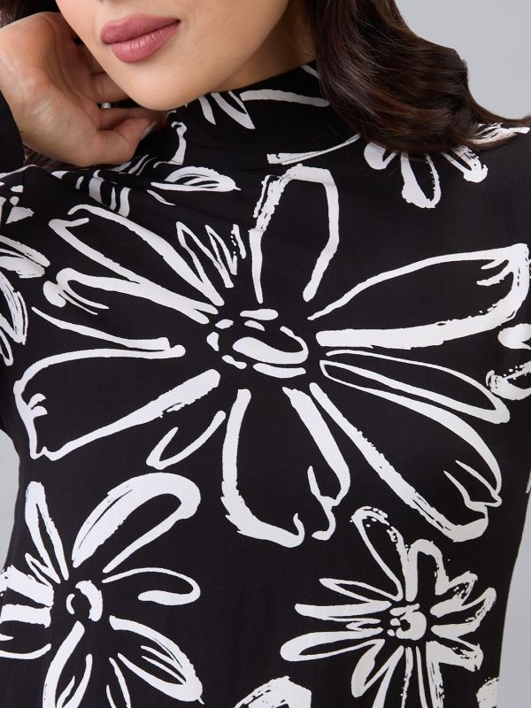 Globus Women Black High Neck Back Tie-Up Long Sleeves Floral Print Mini A-Line Dress
