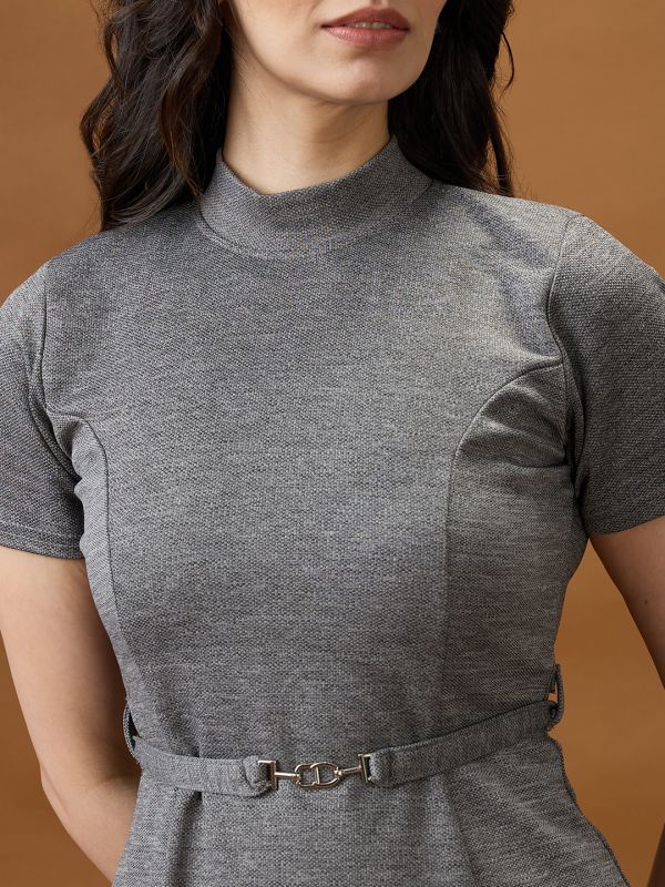 Globus Women Grey High Neck Short Sleeves Solid Mini Belted A-Line Workwear Dress