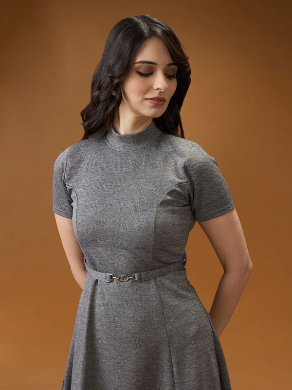Globus Women Grey High Neck Short Sleeves Solid Mini Belted A-Line Workwear Dress