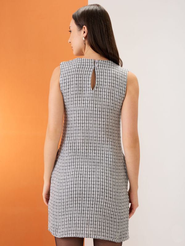 Globus Women Grey Tweed Checkered Round Neck Utility Pockets Mini Sheath Workwear Dress