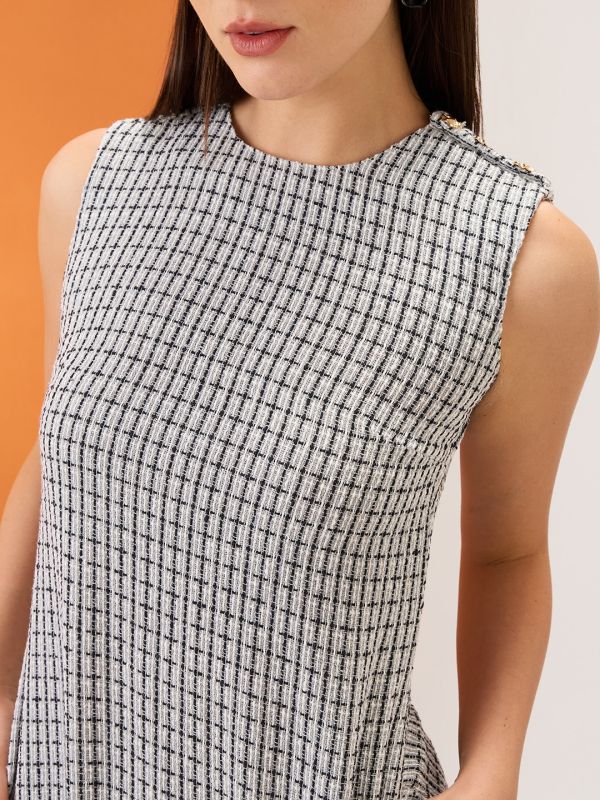 Globus Women Grey Tweed Checkered Round Neck Utility Pockets Mini Sheath Workwear Dress