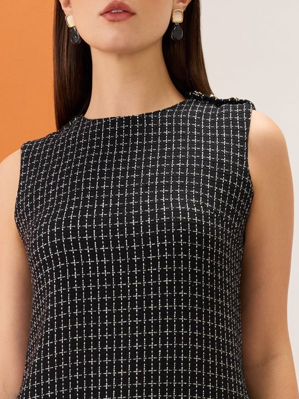 Globus Women Black Tweed Checkered Round Neck Utility Pockets Mini Sheath Workwear Dress