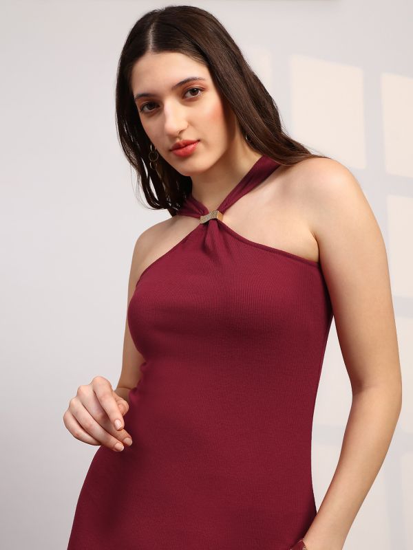 Globus Women Maroon Halter Neck Ribbed Midi Bodycon Dress