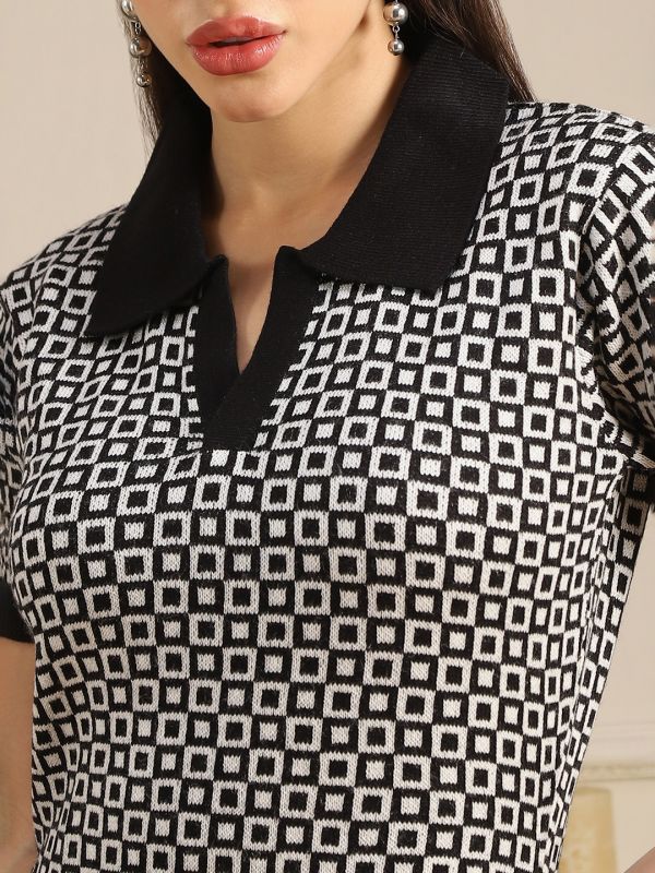 Globus Women Black Collared Neck Acrylic Geometric Pattern Side Slit Midi Bodycon Dress