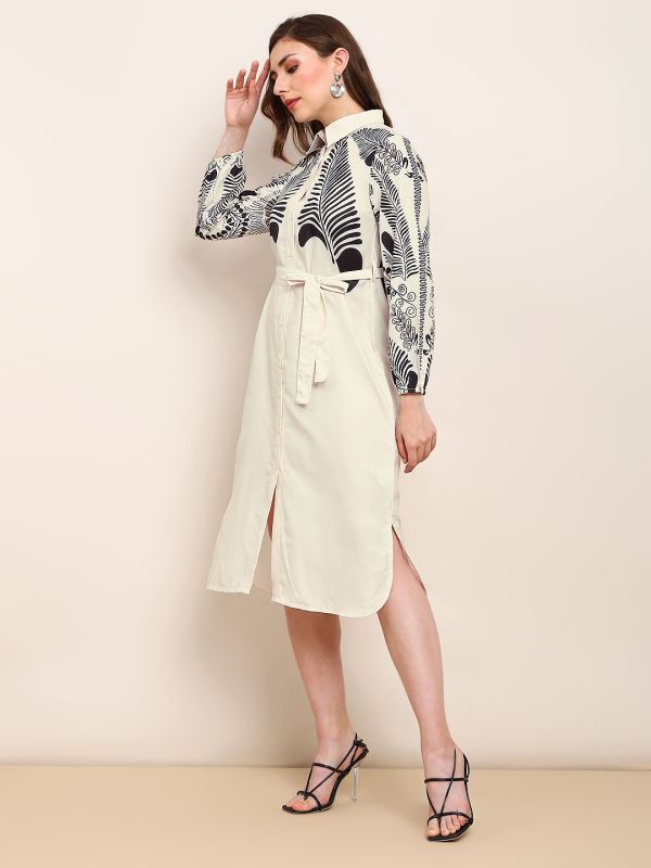 Globus Women Beige Abstract Print Collared Neck Curved Hem Belted Midi Shirt Style Dress