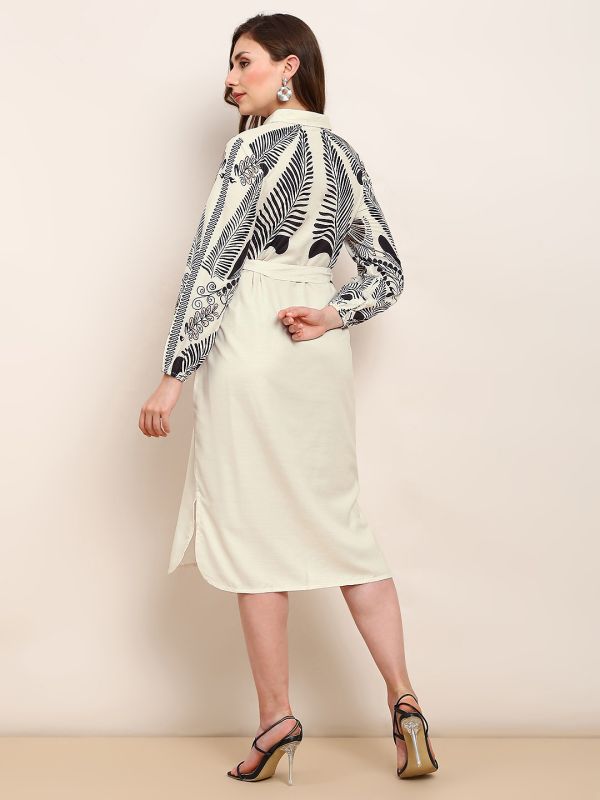 Globus Women Beige Abstract Print Collared Neck Curved Hem Belted Midi Shirt Style Dress