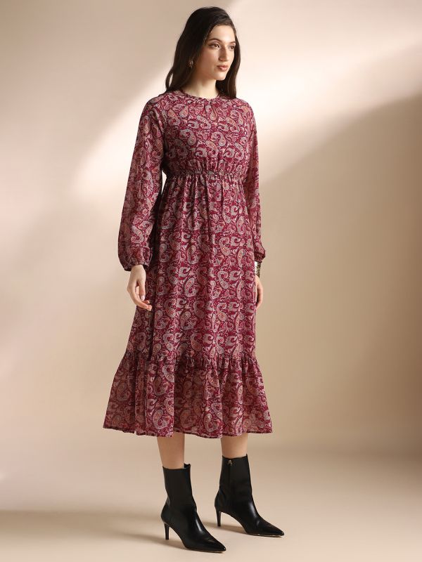Globus Women Red Paisley Printed Bishop Sleeves Gathered & Pleat Tiered Fit & Flare Midi Dress