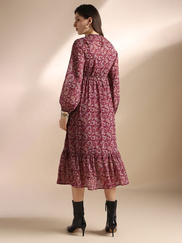 Globus Women Red Paisley Printed Bishop Sleeves Gathered & Pleat Tiered Fit & Flare Midi Dress