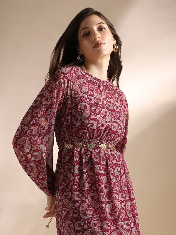 Globus Women Red Paisley Printed Bishop Sleeves Gathered & Pleat Tiered Fit & Flare Midi Dress