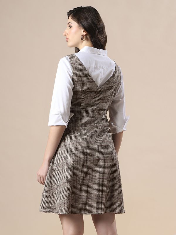 Globus Women Brown Checkered V-Neck Sleeveless Fit & Flare Mini Dress