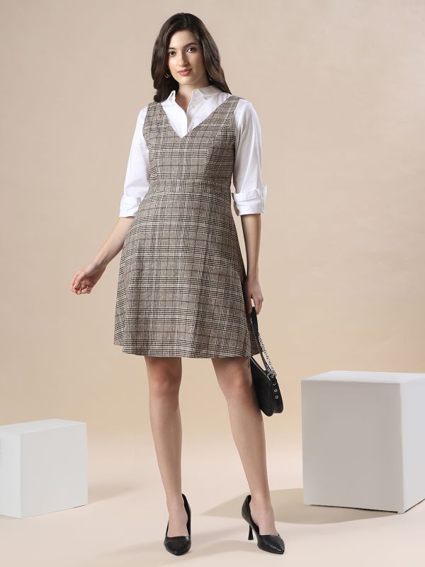 Globus Women Brown Checkered V-Neck Sleeveless Fit & Flare Mini Dress