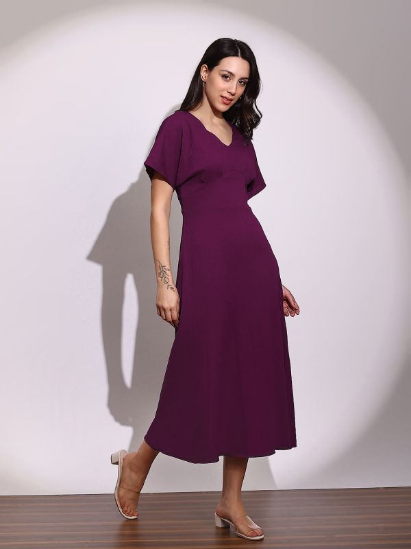 Globus Women Burgundy V-Neck Extended Sleeves Midi A-Line Dress