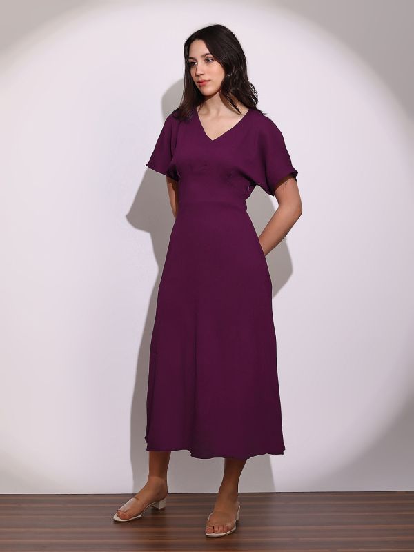 Globus Women Burgundy V-Neck Extended Sleeves Midi A-Line Dress