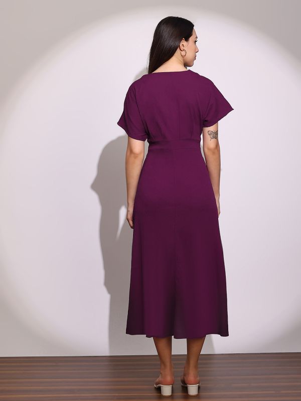 Globus Women Burgundy V-Neck Extended Sleeves Midi A-Line Dress