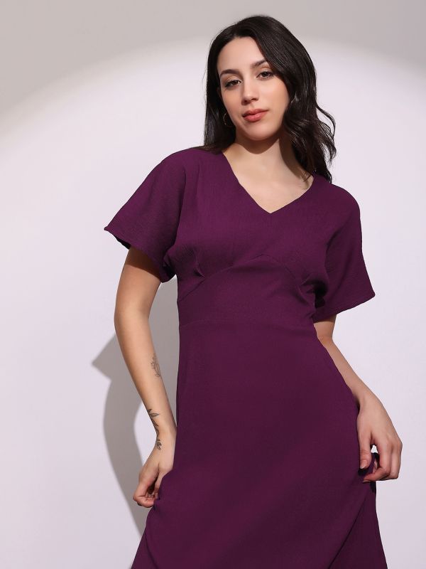 Globus Women Burgundy V-Neck Extended Sleeves Midi A-Line Dress