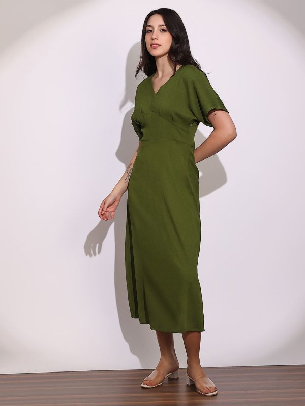 Globus Women Green V-Neck Extended Sleeves Midi A-Line Dress