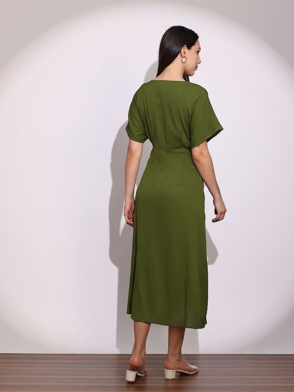 Globus Women Green V-Neck Extended Sleeves Midi A-Line Dress